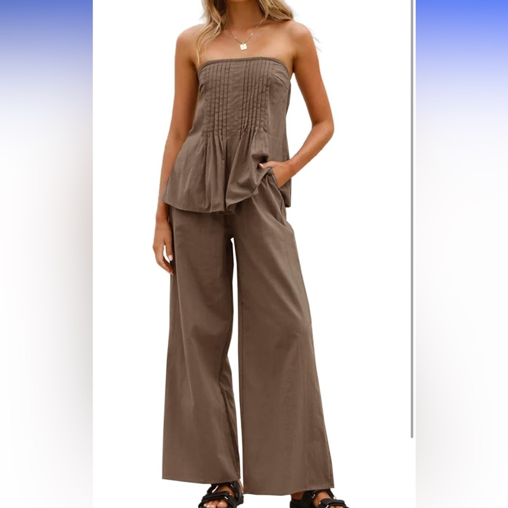 Tankaneo cotton linen 2 piece strapless top and wide leg pant set XL summer